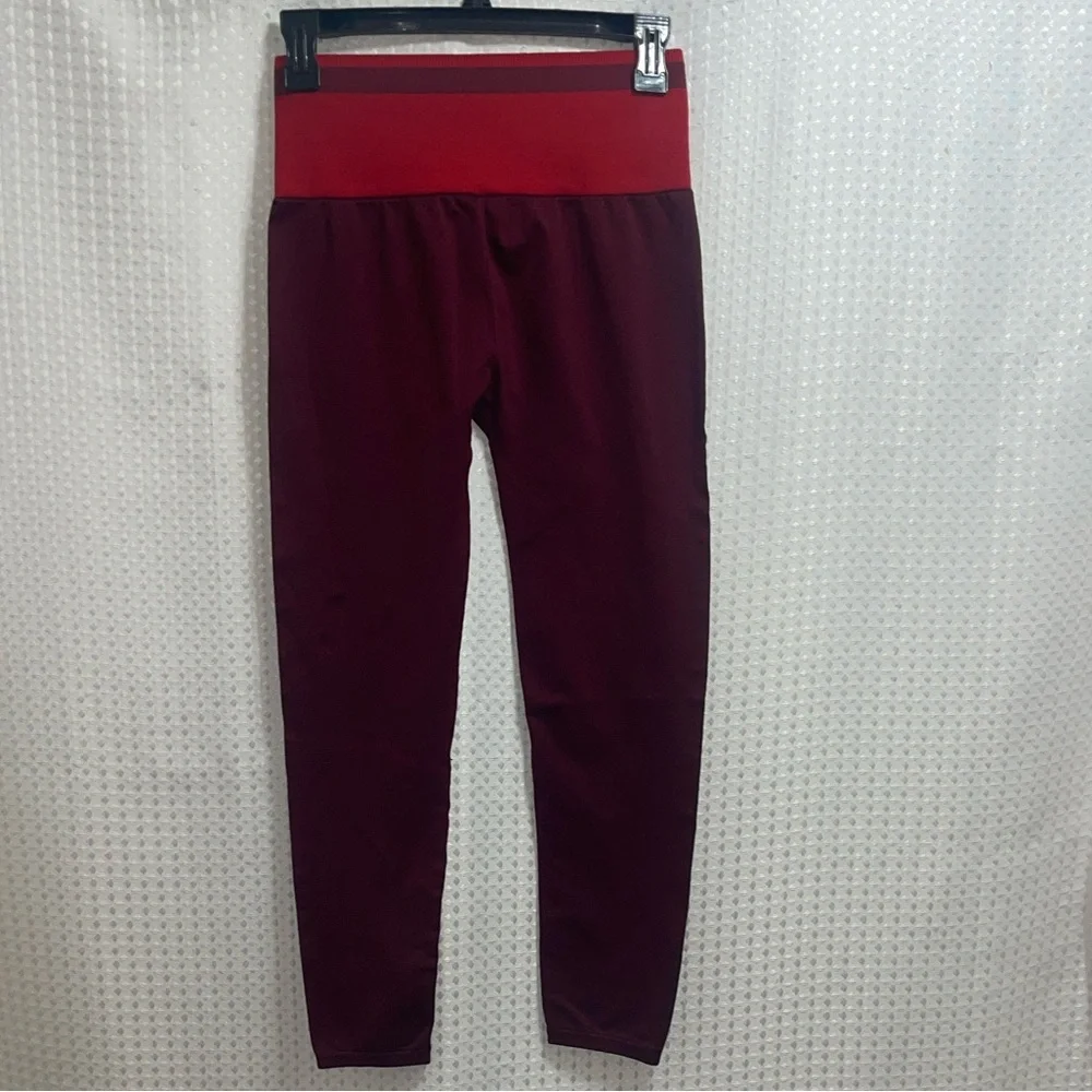 High-Waisted Seamless Stripe 7/8 Leggings Burgundy Red Colorblock Size S - Picture 5 of 6